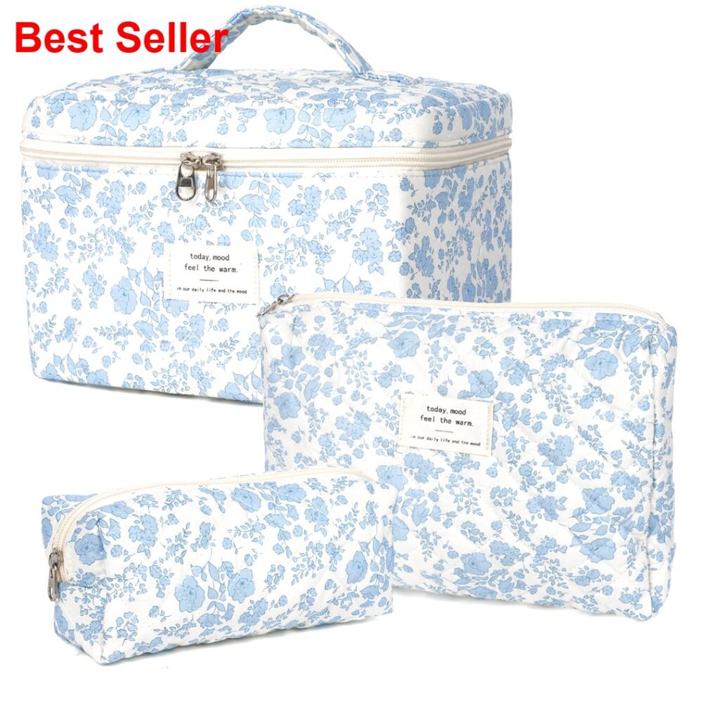 Large Quilted Cotton Makeup Bag Set, 3-Piece Travel Toiletry Organizer